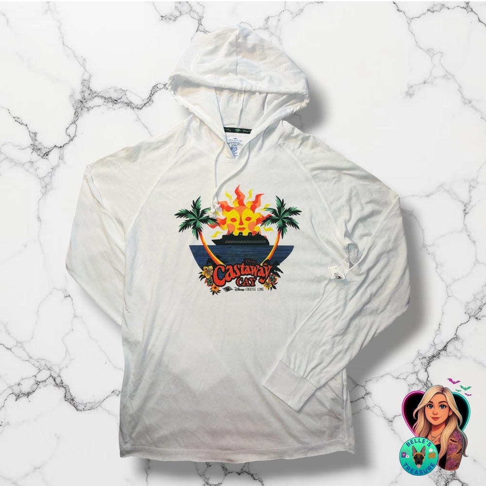 Disney Cruise Line Castaway Cay White Graphic Hoodie Long Sleeve Medium NEW